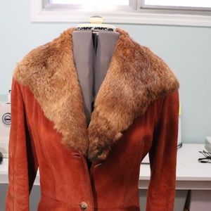Vintage Fox Fur Trimmed Suede Coat